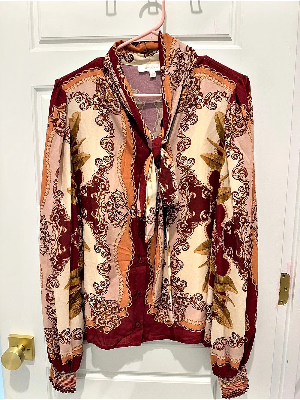 NWOT Flying Tomato Paisley Tie Front Blouse in Red & Cream Size Large Like New